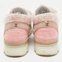 Pre Owned Chanel Pink/Silver Tweed and Holographic Leather Lace Up Sneakers Size 40