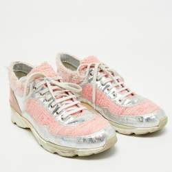 Pre Owned Chanel Pink/Silver Tweed and Holographic Leather Lace Up Sneakers Size 40