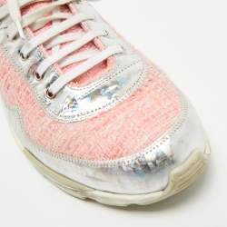 Pre Owned Chanel Pink/Silver Tweed and Holographic Leather Lace Up Sneakers Size 40