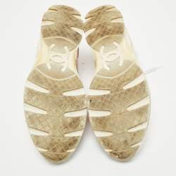 Pre Owned Chanel Pink/Silver Tweed and Holographic Leather Lace Up Sneakers Size 40