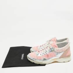 Pre Owned Chanel Pink/Silver Tweed and Holographic Leather Lace Up Sneakers Size 40