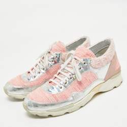 Pre Owned Chanel Pink/Silver Tweed and Holographic Leather Lace Up Sneakers Size 40