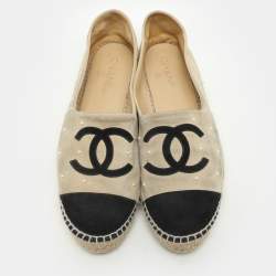 Pre Owned Chanel Beige/Black Suede CC Cap Toe Embellished Espadrille Flats Size 41