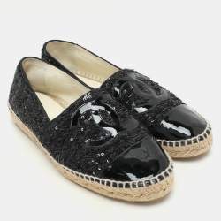 Pre Owned Chanel Black Sequins and Patent Leather CC Cap Toe Espadrille Flats Size 41