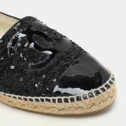 Pre Owned Chanel Black Sequins and Patent Leather CC Cap Toe Espadrille Flats Size 41