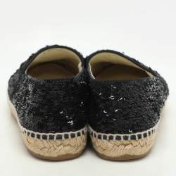 Pre Owned Chanel Black Sequins and Patent Leather CC Cap Toe Espadrille Flats Size 41