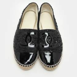 Pre Owned Chanel Black Sequins and Patent Leather CC Cap Toe Espadrille Flats Size 41