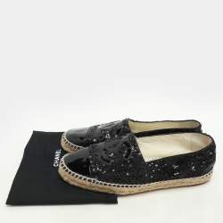 Pre Owned Chanel Black Sequins and Patent Leather CC Cap Toe Espadrille Flats Size 41