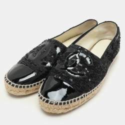 Pre Owned Chanel Black Sequins and Patent Leather CC Cap Toe Espadrille Flats Size 41