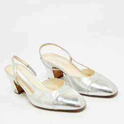 Pre Owned Chanel Silver Leather CC Slingback Pumps Size 40