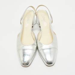 Pre Owned Chanel Silver Leather CC Slingback Pumps Size 40