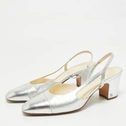 Pre Owned Chanel Silver Leather CC Slingback Pumps Size 40