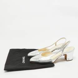 Pre Owned Chanel Silver Leather CC Slingback Pumps Size 40