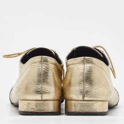 Pre Owned Chanel Gold/Black Leather and Patent Leather CC Lace Up Oxfords Size 38.5