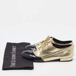 Pre Owned Chanel Gold/Black Leather and Patent Leather CC Lace Up Oxfords Size 38.5