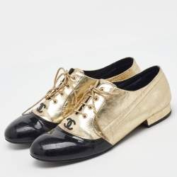 Pre Owned Chanel Gold/Black Leather and Patent Leather CC Lace Up Oxfords Size 38.5
