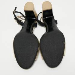 Pre Owned Chanel Gold/Black Leather CC Chain Ankle Strap Sandals Size 42