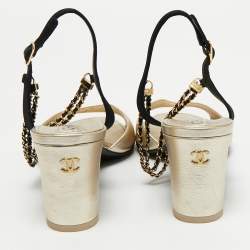Pre Owned Chanel Gold/Black Leather CC Chain Ankle Strap Sandals Size 42