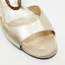 Pre Owned Chanel Gold/Black Leather CC Chain Ankle Strap Sandals Size 42