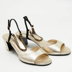 Pre Owned Chanel Gold/Black Leather CC Chain Ankle Strap Sandals Size 42