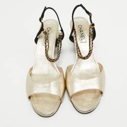 Pre Owned Chanel Gold/Black Leather CC Chain Ankle Strap Sandals Size 42