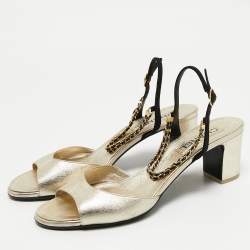 Pre Owned Chanel Gold/Black Leather CC Chain Ankle Strap Sandals Size 42