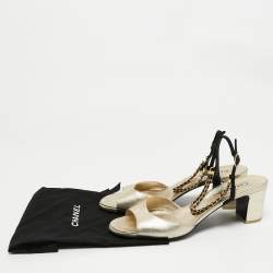 Pre Owned Chanel Gold/Black Leather CC Chain Ankle Strap Sandals Size 42