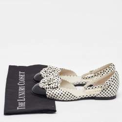 Pre Owned Chanel White/Black Polka Dots Printed Leather CC Camellia Ankle Strap Flats Size 38