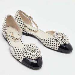 Pre Owned Chanel White/Black Polka Dots Printed Leather CC Camellia Ankle Strap Flats Size 38