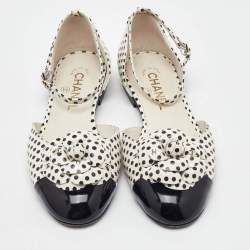 Pre Owned Chanel White/Black Polka Dots Printed Leather CC Camellia Ankle Strap Flats Size 38