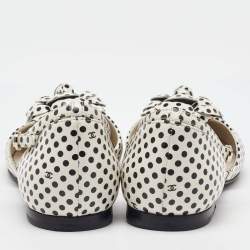 Pre Owned Chanel White/Black Polka Dots Printed Leather CC Camellia Ankle Strap Flats Size 38