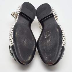 Pre Owned Chanel White/Black Polka Dots Printed Leather CC Camellia Ankle Strap Flats Size 38