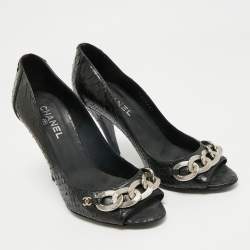 Pre Owned Chanel Black Python CC Chain Link Detail Open Toe Pumps Size 38