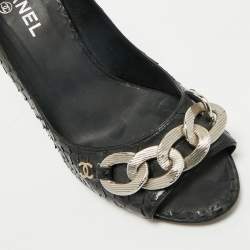 Pre Owned Chanel Black Python CC Chain Link Detail Open Toe Pumps Size 38