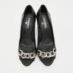 Pre Owned Chanel Black Python CC Chain Link Detail Open Toe Pumps Size 38