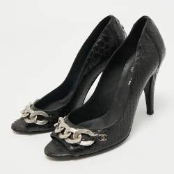 Pre Owned Chanel Black Python CC Chain Link Detail Open Toe Pumps Size 38