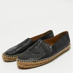Pre Owned Chanel Black Leather CC Cap Toe Espadrille Flats Size 39