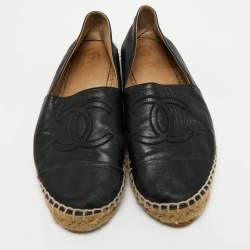 Pre Owned Chanel Black Leather CC Cap Toe Espadrille Flats Size 39