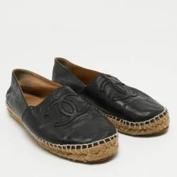 Pre Owned Chanel Black Leather CC Cap Toe Espadrille Flats Size 39