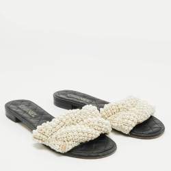 Pre Owned Chanel Black Leather Pearl Embellished Flat Slides Size 40