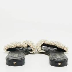 Pre Owned Chanel Black Leather Pearl Embellished Flat Slides Size 40