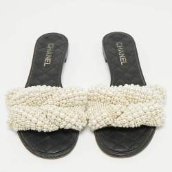 Pre Owned Chanel Black Leather Pearl Embellished Flat Slides Size 40