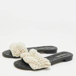 Pre Owned Chanel Black Leather Pearl Embellished Flat Slides Size 40