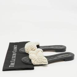 Pre Owned Chanel Black Leather Pearl Embellished Flat Slides Size 40
