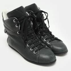 Pre Owned Chanel Dark Green Perforated Leather CC High Top Sneakers Size 38