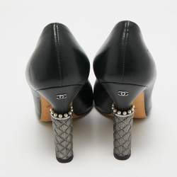 Pre Owned Chanel Black Leather Faux Pearl Detail Heel Cap Toe Pumps Size 37