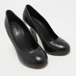 Pre Owned Chanel Black Leather Faux Pearl Detail Heel Cap Toe Pumps Size 37