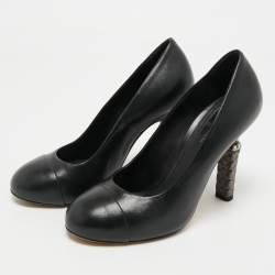 Pre Owned Chanel Black Leather Faux Pearl Detail Heel Cap Toe Pumps Size 37