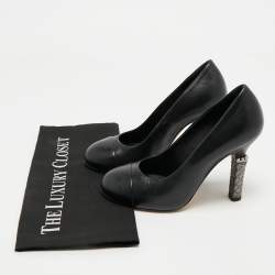Pre Owned Chanel Black Leather Faux Pearl Detail Heel Cap Toe Pumps Size 37
