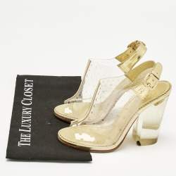 Pre Owned Chanel Gold/Transparent PVC and Leather Block Heel Slingback Sandals Size 37.5